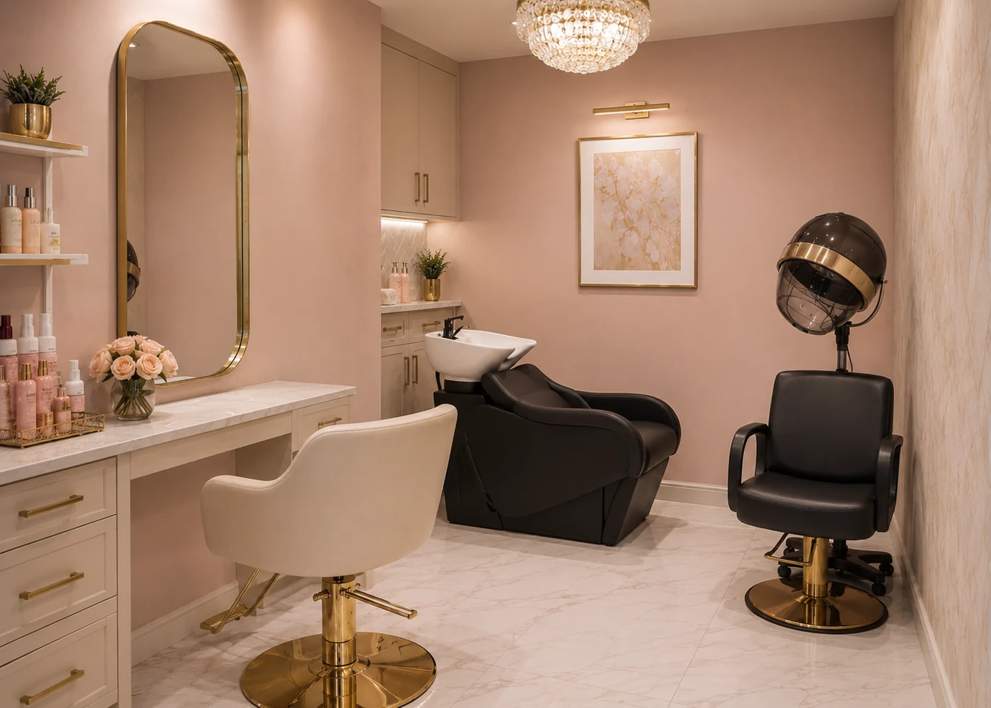 Blush, cream, and gold salon atmosphere for The Hairstylista